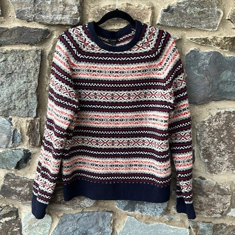 J Crew Men Large 100% Lambswool Fair Isle Knit Multicolor Crewneck Sweater